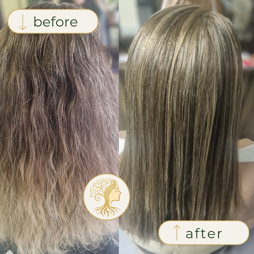 Before and after hair transformation by Rooted Hair Studio