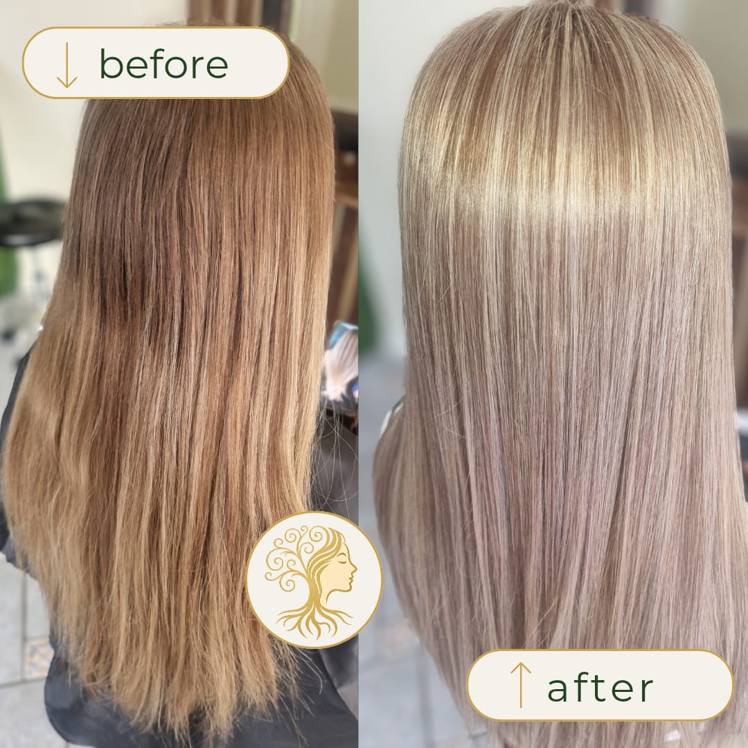 Before and after hair transformation by Rooted Hair Studio