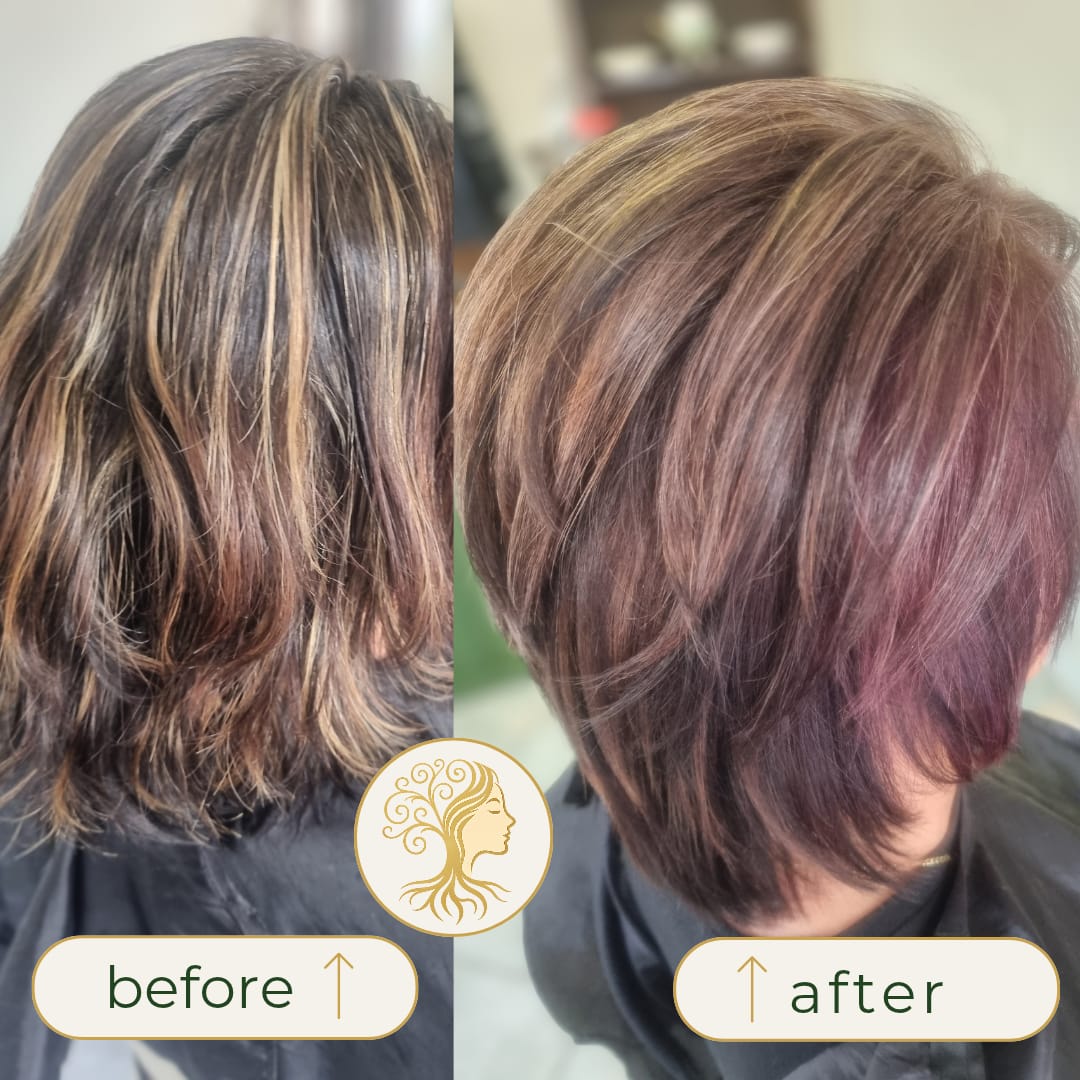Before and after hair transformation by Rooted Hair Studio