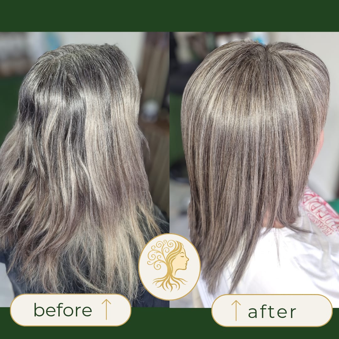 Before and after hair transformation by Rooted Hair Studio