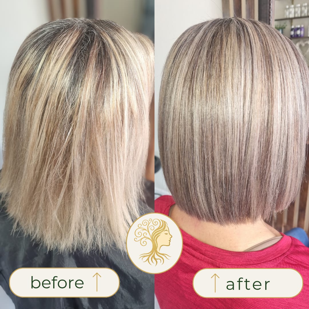 Before and after hair transformation by Rooted Hair Studio