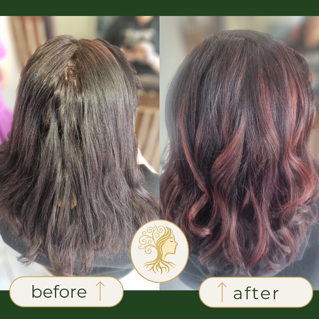 Before and after hair transformation by Rooted Hair Studio