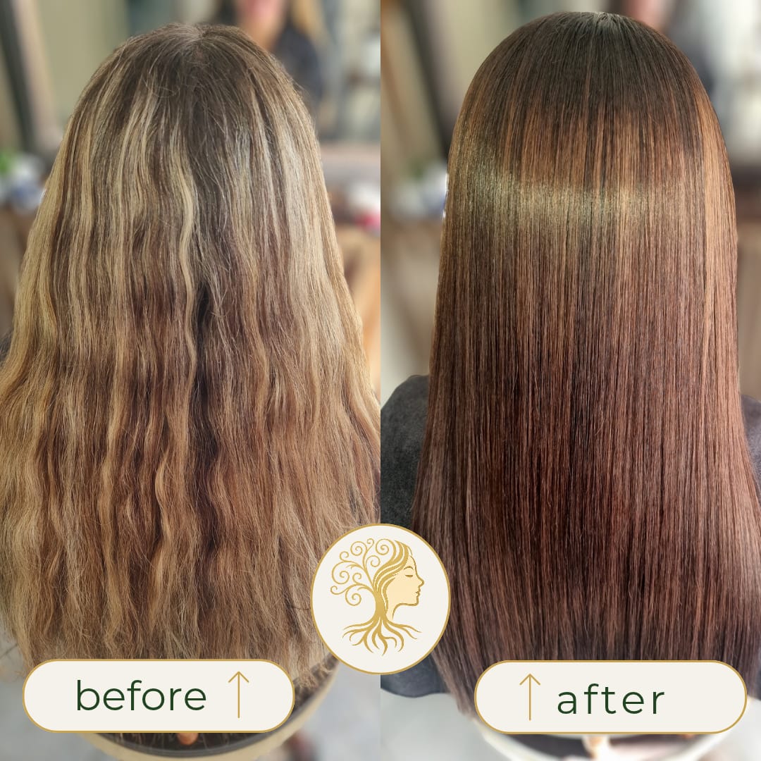 Before and after hair transformation by Rooted Hair Studio