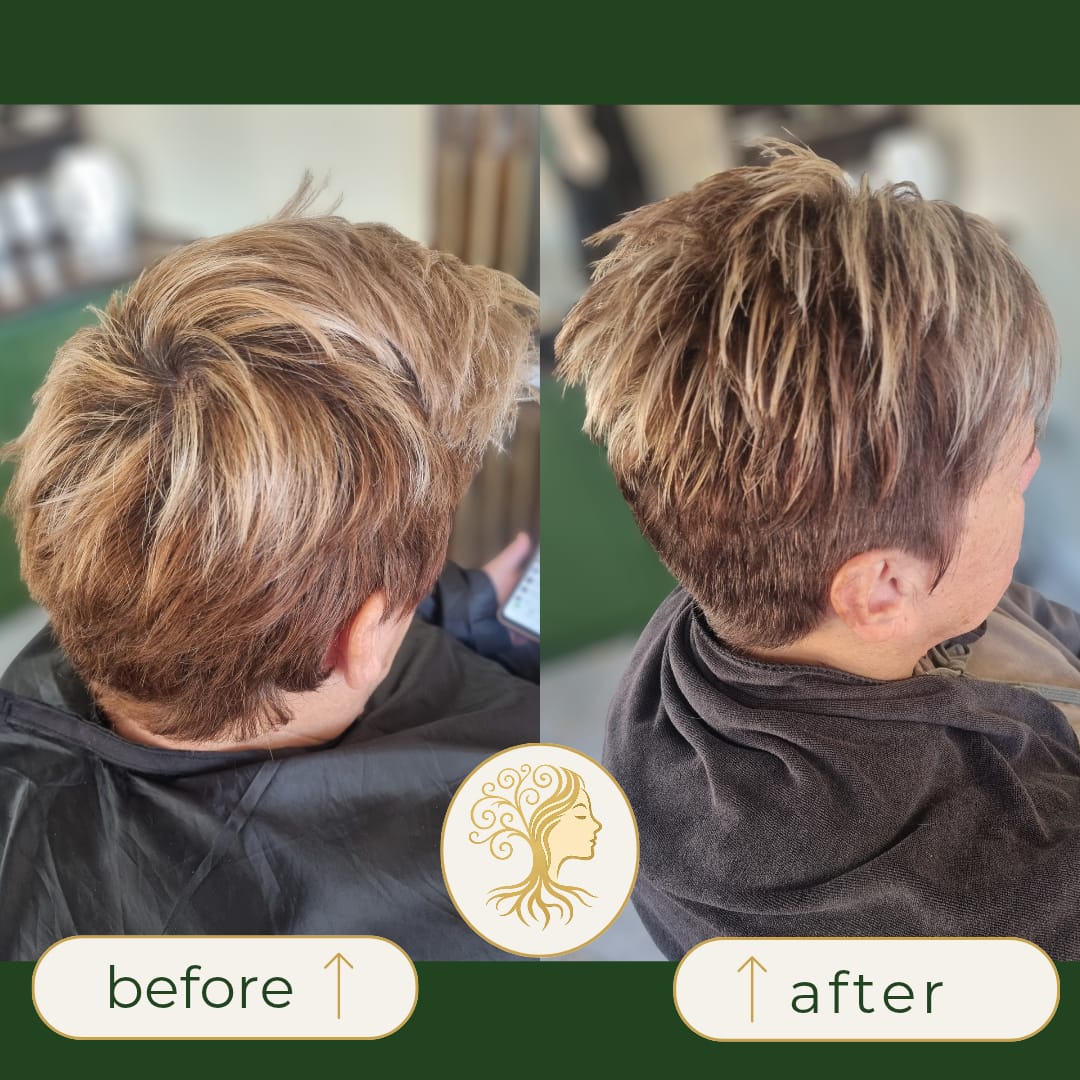 Before and after hair transformation by Rooted Hair Studio