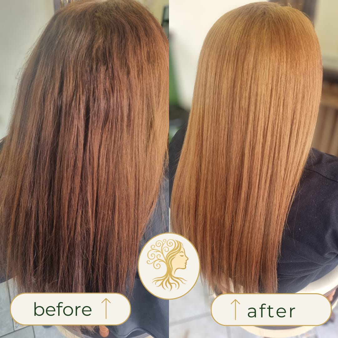 Before and after hair transformation by Rooted Hair Studio