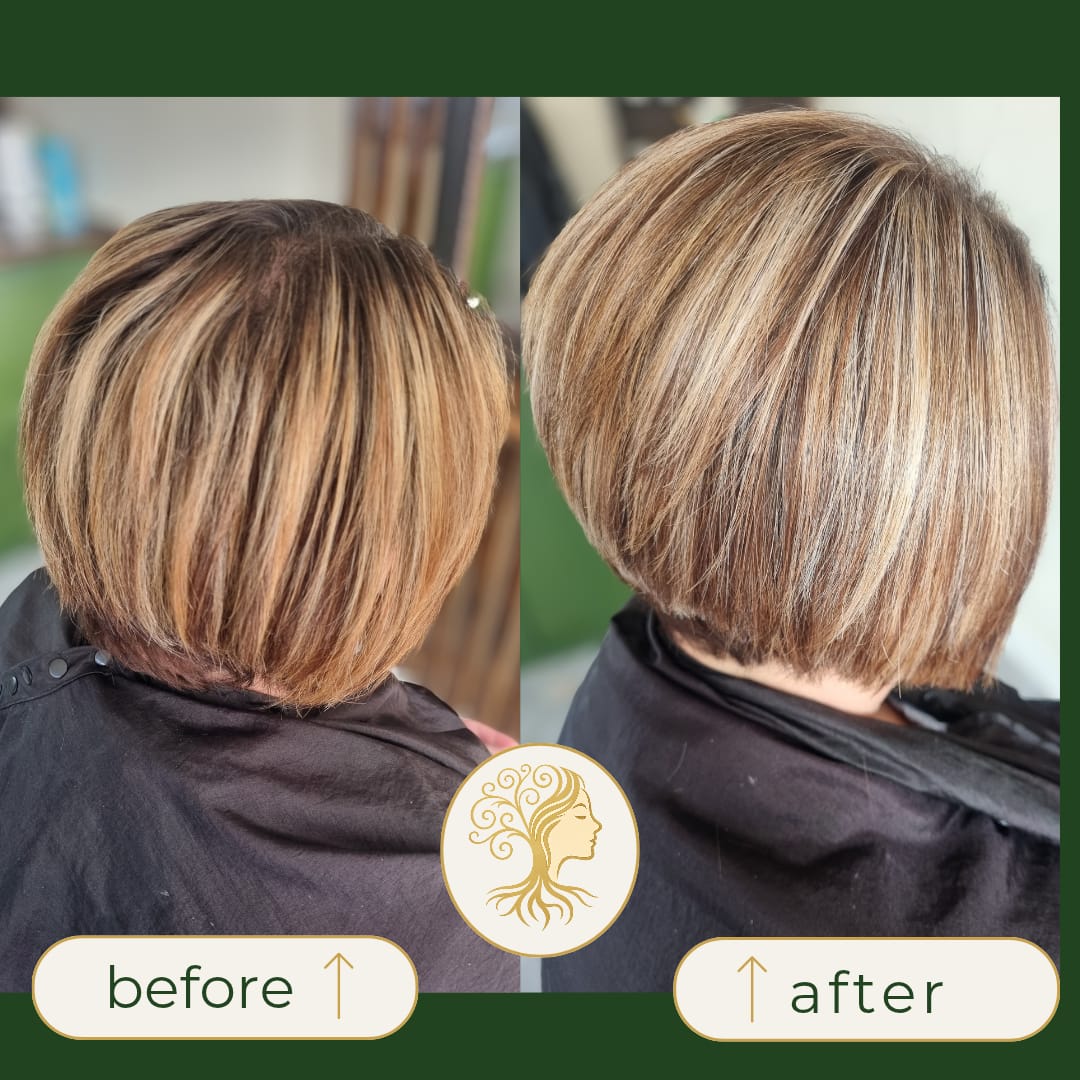 Before and after hair transformation by Rooted Hair Studio