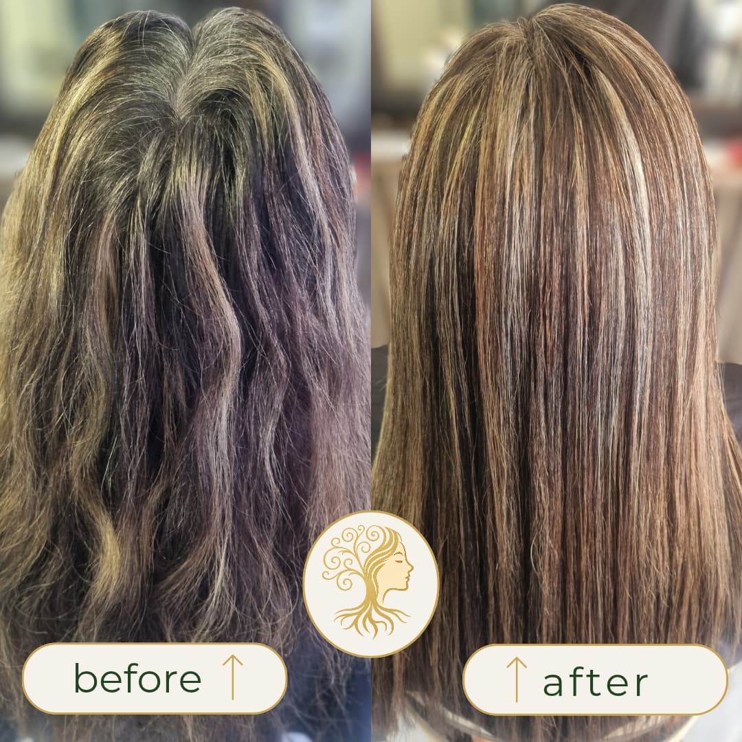 Before and after hair transformation by Rooted Hair Studio