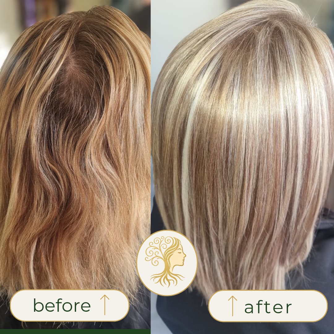 Before and after hair transformation by Rooted Hair Studio