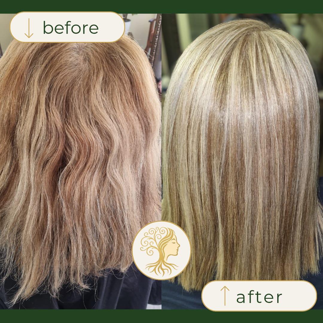 Before and after hair transformation by Rooted Hair Studio