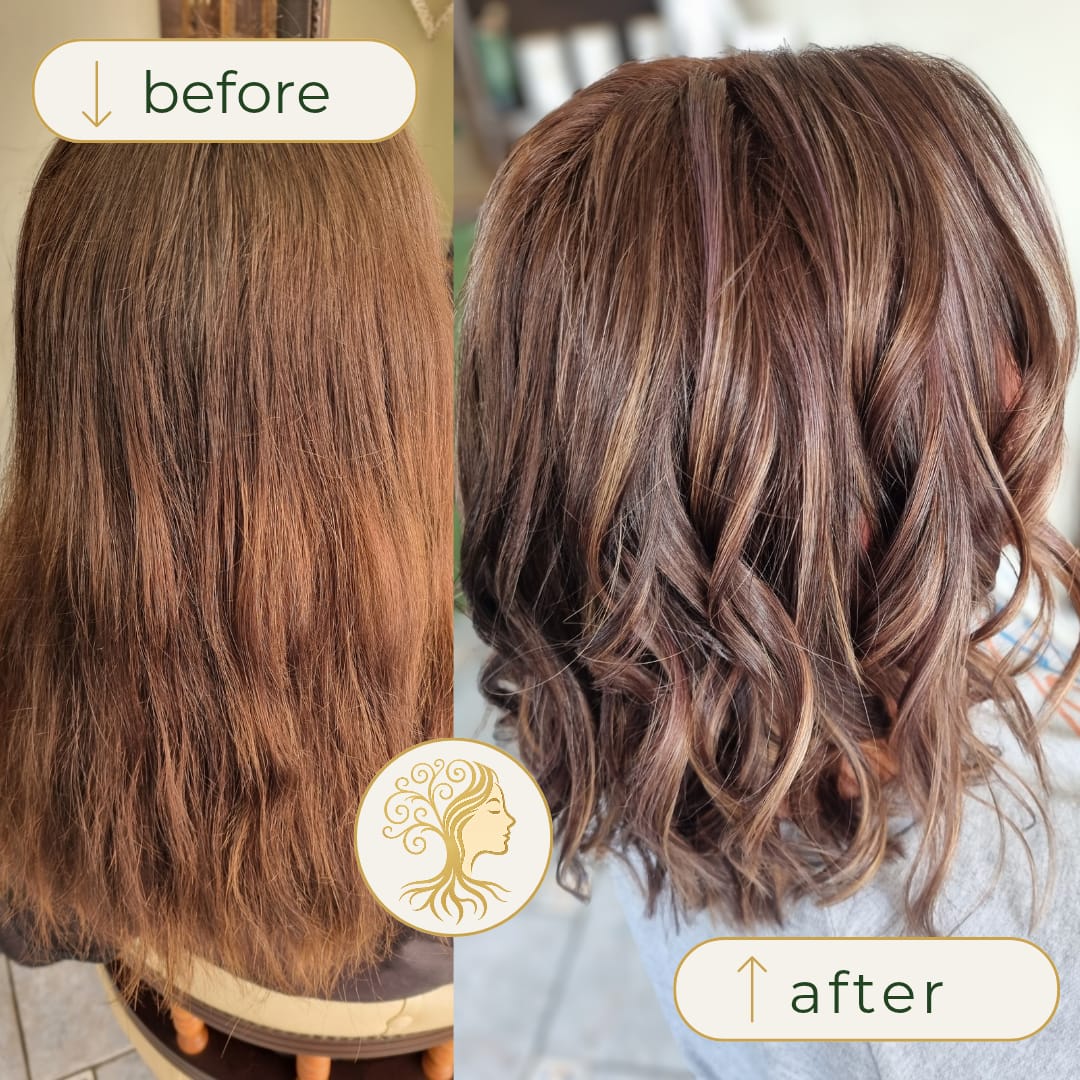 Before and after hair transformation by Rooted Hair Studio
