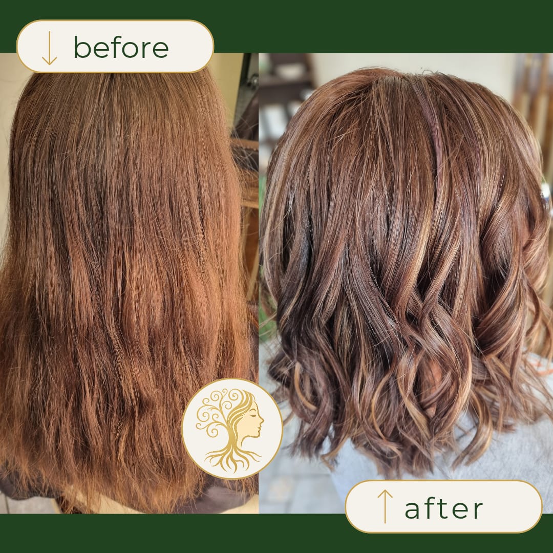 Before and after hair transformation by Rooted Hair Studio