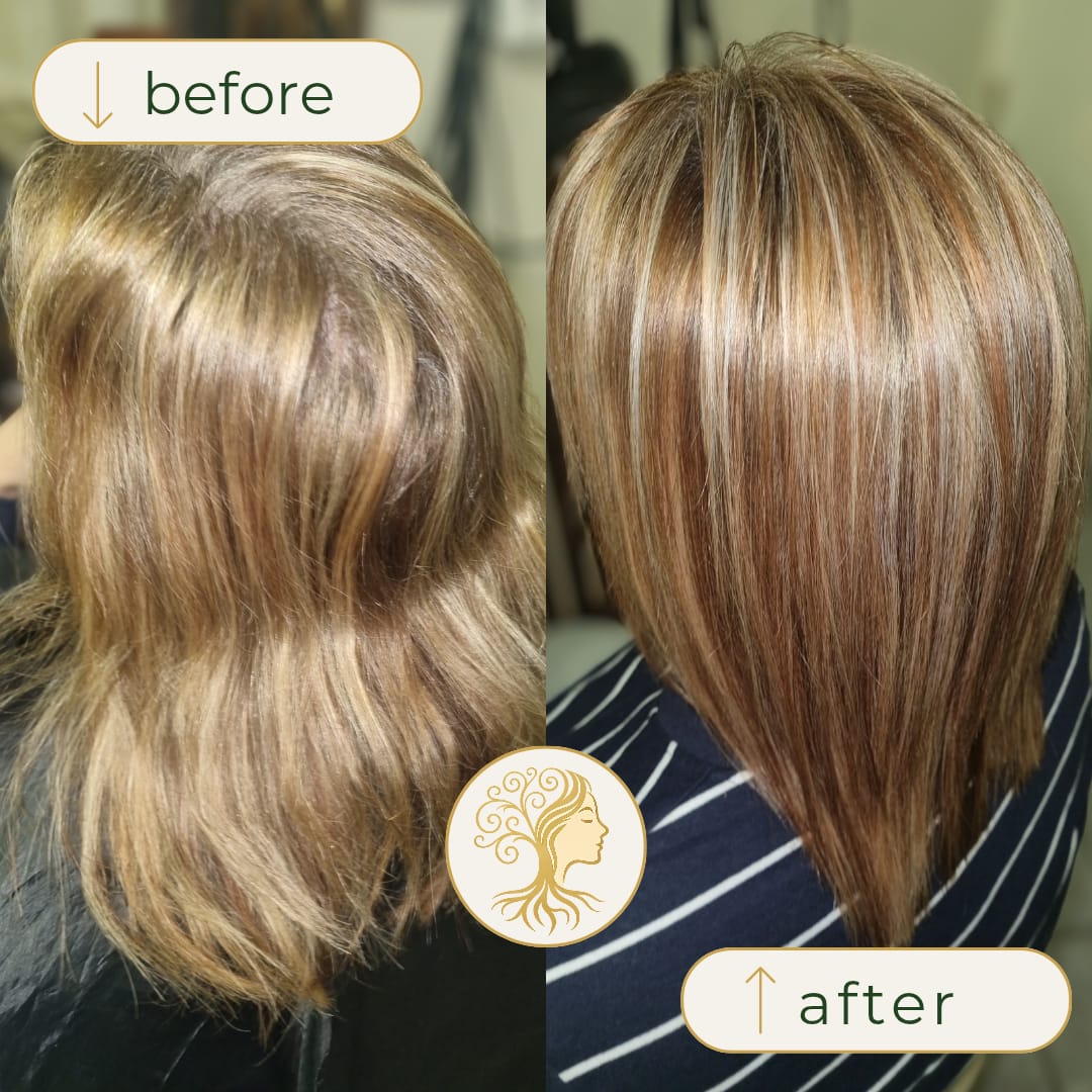 Before and after hair transformation by Rooted Hair Studio